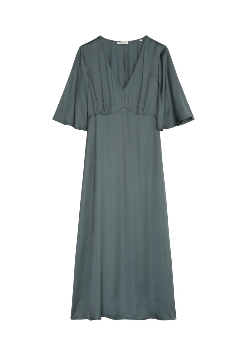 V-Ausschnitt, A-Linien-Kleid in gedämpftem Türkis, aus glattem Stoff gefertigt. Schmetterlingsärmel und geraffte Büste betonen die fließende Silhouette.