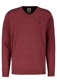 Heren lange mouw bordeaux V-hals trui met klein zwart logo op de linkerborst en geribde mouwen en zoom.