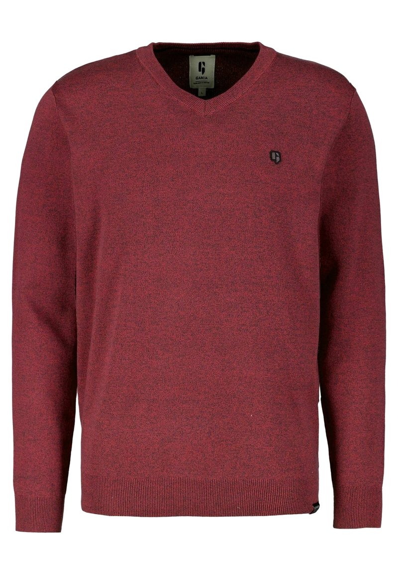 Heren lange mouw bordeaux V-hals trui met klein zwart logo op de linkerborst en geribde mouwen en zoom.