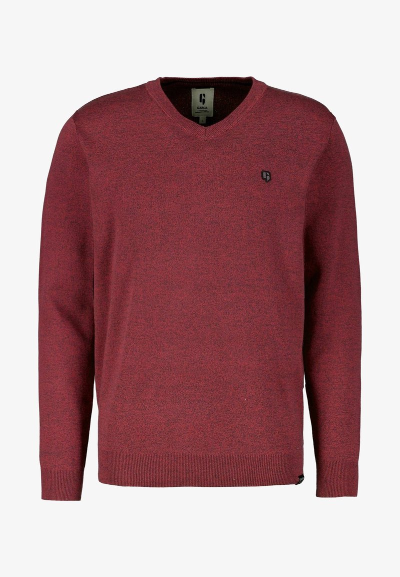 Männer langärmliger weinroter V-Ausschnitt-Pullover mit kleinem schwarzen Logo auf der linken Brust sowie gerippten Bündchen und Saum.