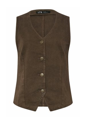 Brun ærmeløs vest med V-hals og fire metalknapper foran, skræddersyet pasform, mærke med størrelsesoplysninger indeni kraven.