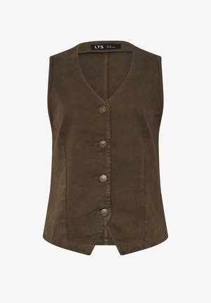 Brun ærmeløs vest med V-hals og fire metalknapper foran, skræddersyet pasform, mærke med størrelsesoplysninger indeni kraven.