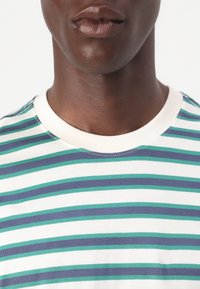 T-shirt rayé avec des lignes horizontales en vert, bleu et blanc. Tissu doux avec un col rond et des détails cousus.