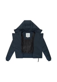 Granatowa kurtka puchowa z podszewką na kapture oraz zapięciem na napy z przodu, a także wewnętrzną kieszenią. Wnętrze ma gładką, czarną podszewkę.