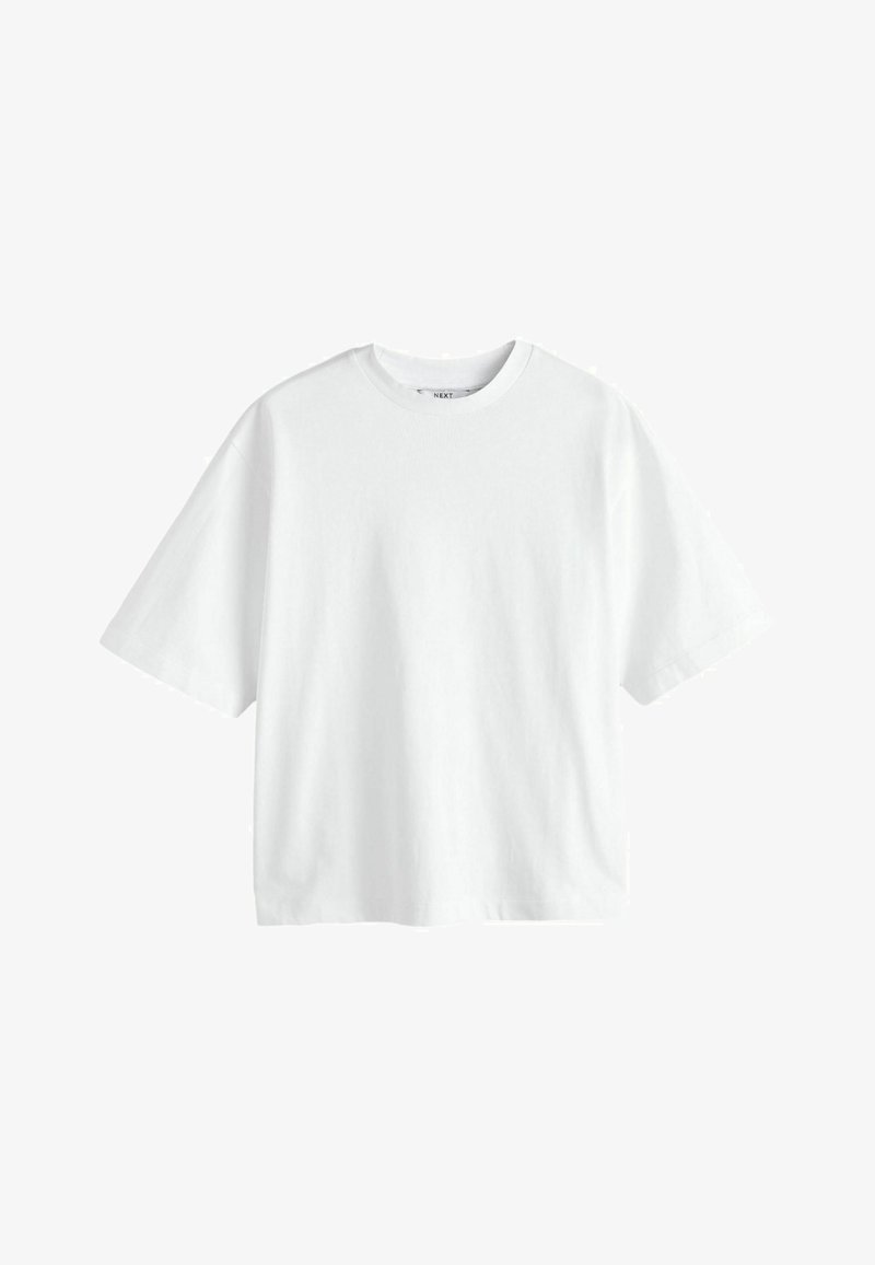 Biała bawełniana koszulka z okrągłym dekoltem, krótkimi rękawami i luźnym krojem. Gładka tekstura bez wzorów lub akcentów.