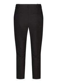 Zwarte broek van gladde stof, slank ontwerp, elastische tailleband en twee achterzakken. Enkelhoogte met een getailleerde pasvorm.