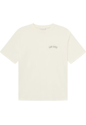 Cremefarvet bomulds t-shirt med korte ærmer og rund halsudskæring, udstyret med teksten "LES DEUX" i et buet design på brystet.