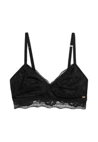 Bralette de encaje negro con tirantes ajustables, patrón floral y dobladillo ondulado. Presenta una banda inferior suave para mayor soporte.