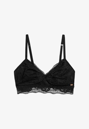 Czarny koronkowy biustonosz braletka z regulowanymi ramiączkami, kwiatowym wzorem i falbaniastym wykończeniem. Posiada gładki pas dolny dla dodatkowego wsparcia.