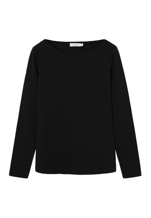 Čierny top s dlhým rukávom a okrúhlym výstrihom, vyrobený z hladkej látky. Jednoduchý, nezdobený dizajn s pravidelným strihom a rovný lem.