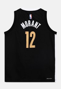Černý dres s bílými akcenty, s nápisem "MORANT" bílou barvou a "12" zlatou barvou na zádech, vyrobený z lehkého materiálu s technologií DRI-FIT.