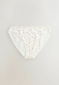 Valge puuvillane naistepesu väikese roosa lillemustriga ja väike lips detailiga neutraalsel taustal.