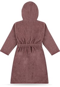 Brauner Terrycloth-Bademantel mit Kapuze, langen Ärmeln und elastischem Bund. Verfügt über eine einfarbige Gestaltung und eine weiche Textur.