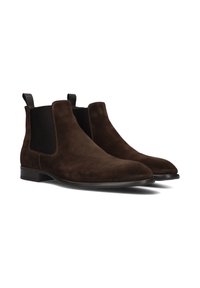 Bruine suède Chelsea-boots met elastische zijkampen, ronde neus en platte rubberen zool. Voorzien van trekflappen voor gemakkelijk aan- en uittrekken.