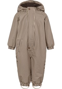 Salopette imperméable à rayures marron et beige, dotée d'une capuche, de poignets élastiques et de deux poches latérales. Comprend une fermeture à glissière et des boutons.