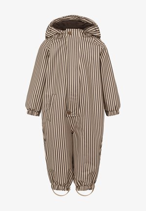 Bruin en beige gestreepte waterdichte overall met een capuchon, elastische manchetten en twee zijzakken. Voorzien van een rits en knoopsluiting.