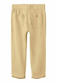 Beżowe bawełniane spodnie z elastycznym paskiem w talii, dwie tylne kieszenie z ozdobnymi guzikami i falbaniastym wykończeniem. Gładka faktura.