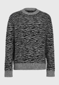 Grå tröja i mjukt stickat material, med ett svart tigerrandmönster, rund halsringning och ribbade ärmslut och nederkant.