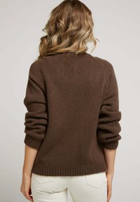 Pull en tricot marron avec des manches retroussées, un ourlet côtelé et une coupe décontractée. Texture douce, design simple sans motifs visibles ni accessoires.