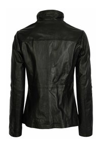 Black leather jacket with a high collar, fitted silhouette, and visible stitching details on the back. Smooth texture with no embellishments.