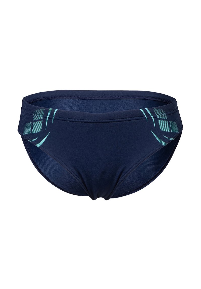 Slip da nuoto da uomo blu navy con accenti geometrici azzurri sui lati anteriori, cintura elastica e texture del tessuto liscia.