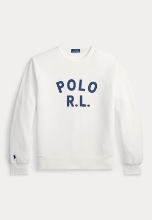 Hvit genser med rund hals med marineblå "POLO R.L."-bokstaver på brystet og liten marineblå logo brodert på venstre ermekant.