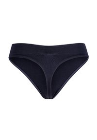 Zwarte katoenen stringonderbroek met een brede, rekbare tailleband en naadloos ontwerp voor comfort. Gladde textuur met minimale stikdetails.