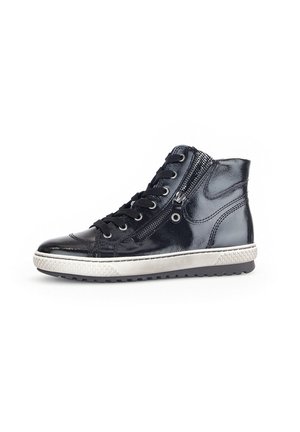 High-top sneakers in glossy black leather with front zippers, black laces, and a textured white rubber sole.