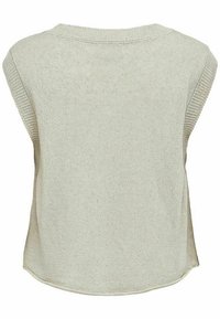 Ärmelloses, hellgraues Stricktop mit rundem Halsausschnitt, lockerer Passform und abgerundetem Saum. Der Stoff hat eine weiche, strukturierte Optik.