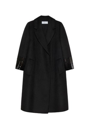 Czarny wełniany płaszcz z klapowym kołnierzem, dwoma przednimi kieszeniami i rozszerzanymi rękawami ozdobionymi czarnymi cekinami na mankietach.