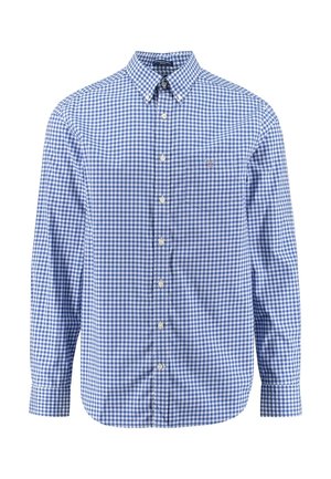 Modrá a bílá kostkovaná košile s dlouhým rukávem, zapínáním na knoflíky, límečkem s knoflíky a náprsní kapsou s malým vyšívaným logem.