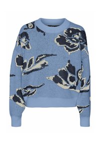 Světle modrý pletený svetr s tmavomodrými a smetanovými květinovými vzory, žebrovaným výstřihem a manžetami a volným střihem.