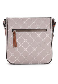 Graue synthetische Leder-Crossbody-Tasche mit weißem geometrischem Muster, vorderer Reißverschlusstasche und braunen Akzenten. Verstellbarer Gurt enthalten.