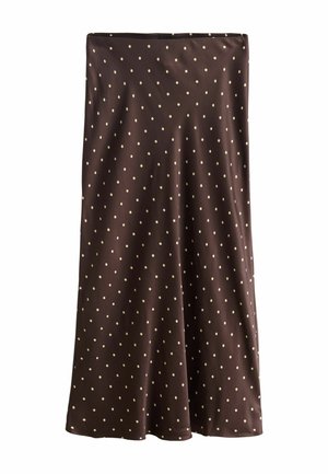 Brown polka dot skirt made from smooth fabric, featuring a straight cut and cream-colored dots evenly spaced across the material.