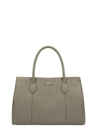 Grijze leren tote bag met dubbele handvatten, gestructureerde vorm en zichtbare stiksels. Heeft een klein logo-plaatje aan de voorkant.