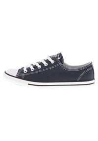 Baskets en toile bleu marine avec des lacets blancs, bout en caoutchouc et semelle rayée. Présentent des coutures contrastées et un design bas.