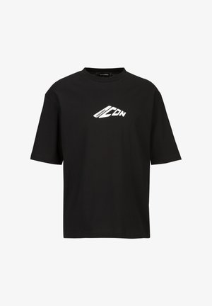 Schwarzes Baumwoll-T-Shirt mit Rundhalsausschnitt und kurzen Ärmeln, vorne mit weißem Grafiklogo. Klassischer, lockerer Schnitt.