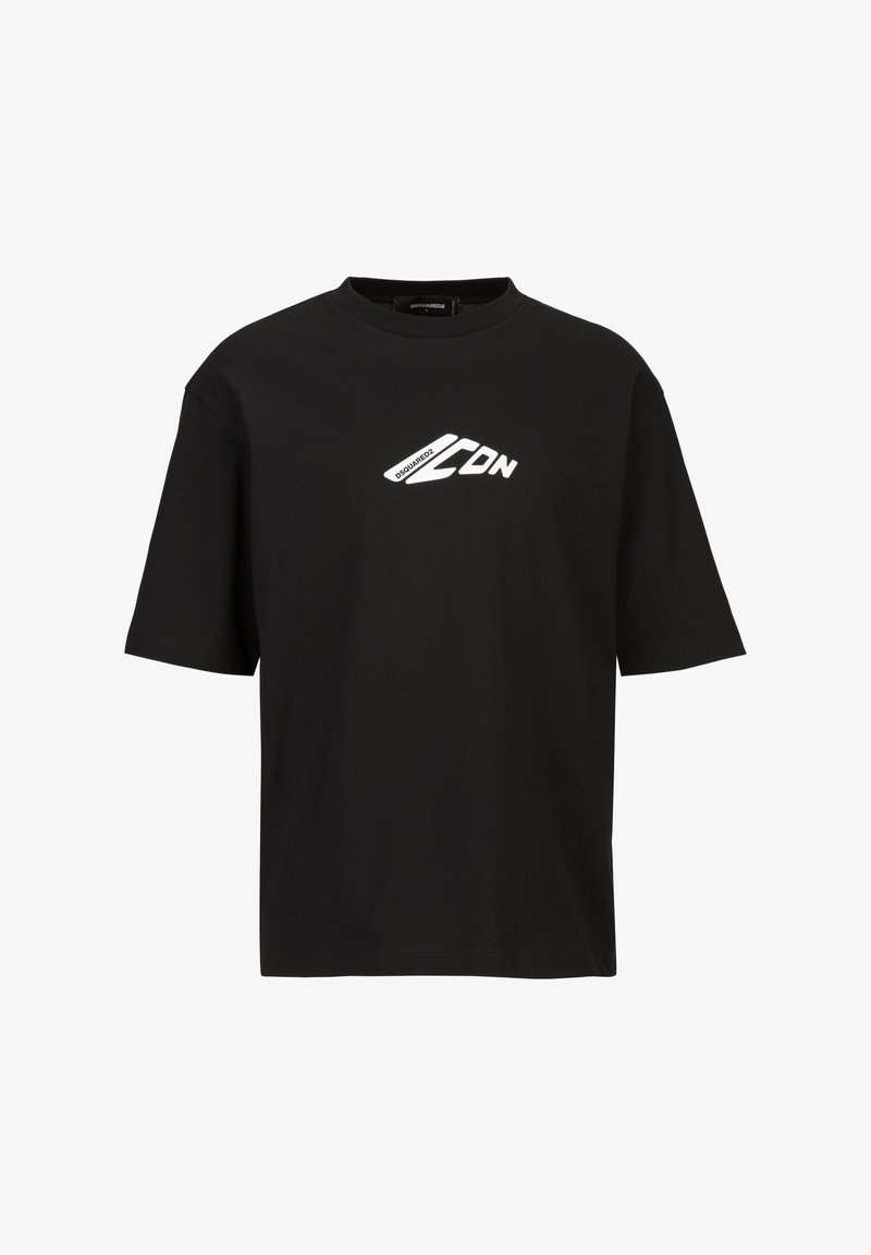 Schwarzes Baumwoll-T-Shirt mit Rundhalsausschnitt und kurzen Ärmeln, vorne mit weißem Grafiklogo. Klassischer, lockerer Schnitt.