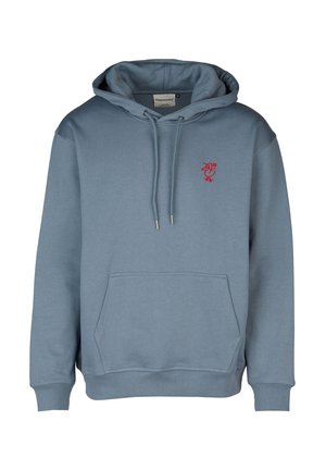 Light blue hoodie made of cotton, featuring a kangaroo pocket, drawstring hood, and a small red embroidered logo on the chest.