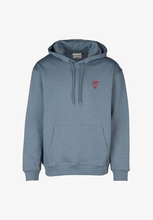 Light blue hoodie made of cotton, featuring a kangaroo pocket, drawstring hood, and a small red embroidered logo on the chest.