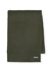 Ciemnozielony dziergany szalik z prążkowanym brzegiem i małą metką marki, wykonany z miękkiego materiału o teksturowanym wykończeniu.