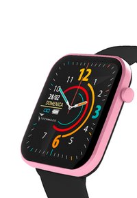 Orologio smart quadrato con display nero, cornice in metallo rosa e touchscreen. Presenta indici orari colorati e un display della data nella parte superiore.