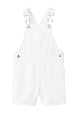 Salopette courte en denim blanc avec bretelles réglables en métal, poche poitrine avant, boutons latéraux et poches sur les côtés.