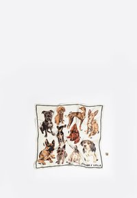 Jedwabny szalik w tematyce psiej z różnymi rasami psów w brązowych, czarnych i białych kolorach na kremowym tle, wykończony czarną ramką.