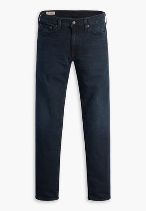 Dunkelblaue Slim-Fit-Jeans mit Fünf-Taschen-Design und Knopfverschluss, flach auf einem weißen Hintergrund ausgelegt.