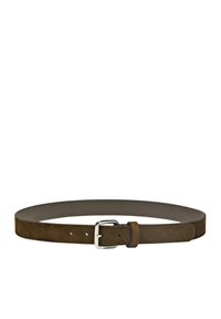 Brown suede belt with a smooth finish, featuring a silver metal buckle and a strap with multiple adjustment holes.
