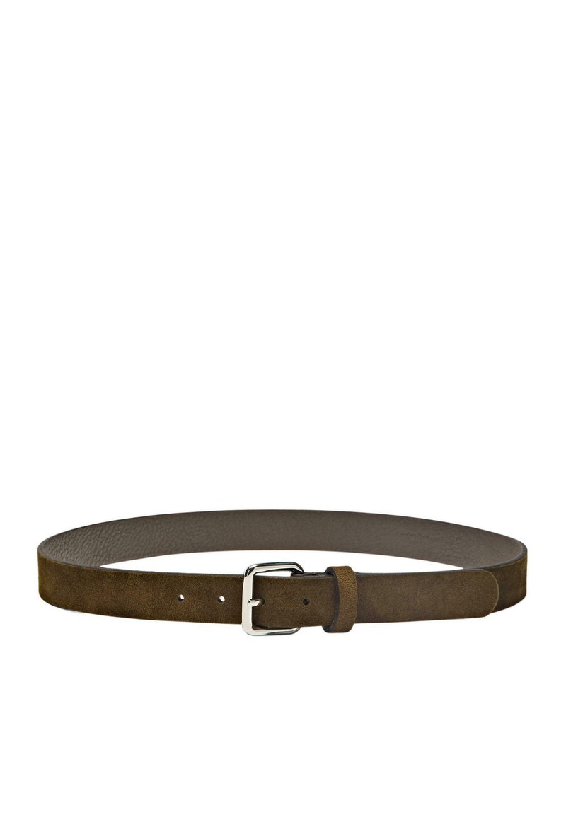 Brown suede belt with a smooth finish, featuring a silver metal buckle and a strap with multiple adjustment holes.