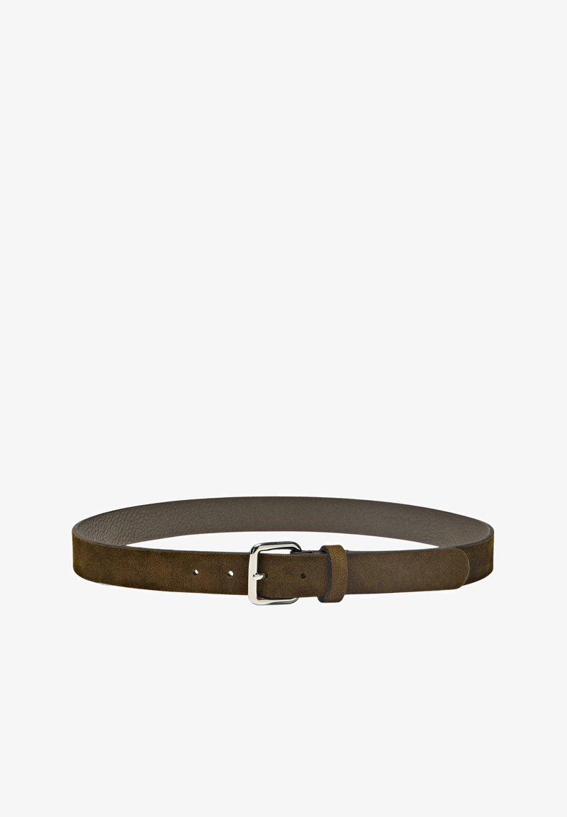 Brown suede belt with a smooth finish, featuring a silver metal buckle and a strap with multiple adjustment holes.