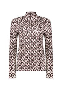 Langsleeve top met een hoge kraag, voorzien van een bloemenpatroon in bordeaux en room op een lichte achtergrond. Soepele stoftextuur.