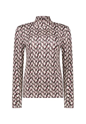 Langsleeve top met een hoge kraag, voorzien van een bloemenpatroon in bordeaux en room op een lichte achtergrond. Soepele stoftextuur.